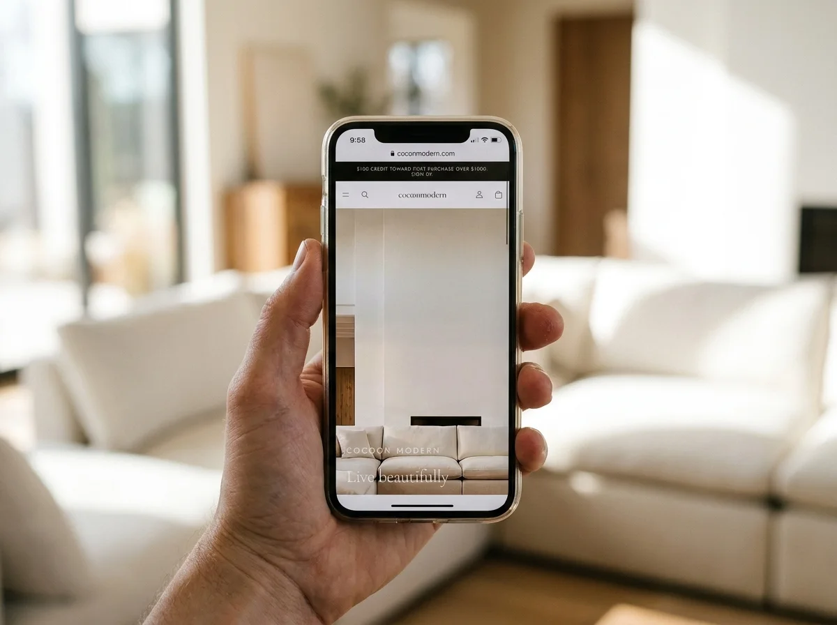 Cocoon Modern op een telefoon in een woonkamer