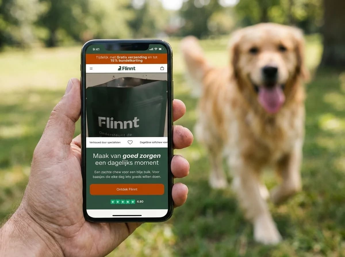De Flinnt-webshop op een telefoon, met een hond op de achtergrond