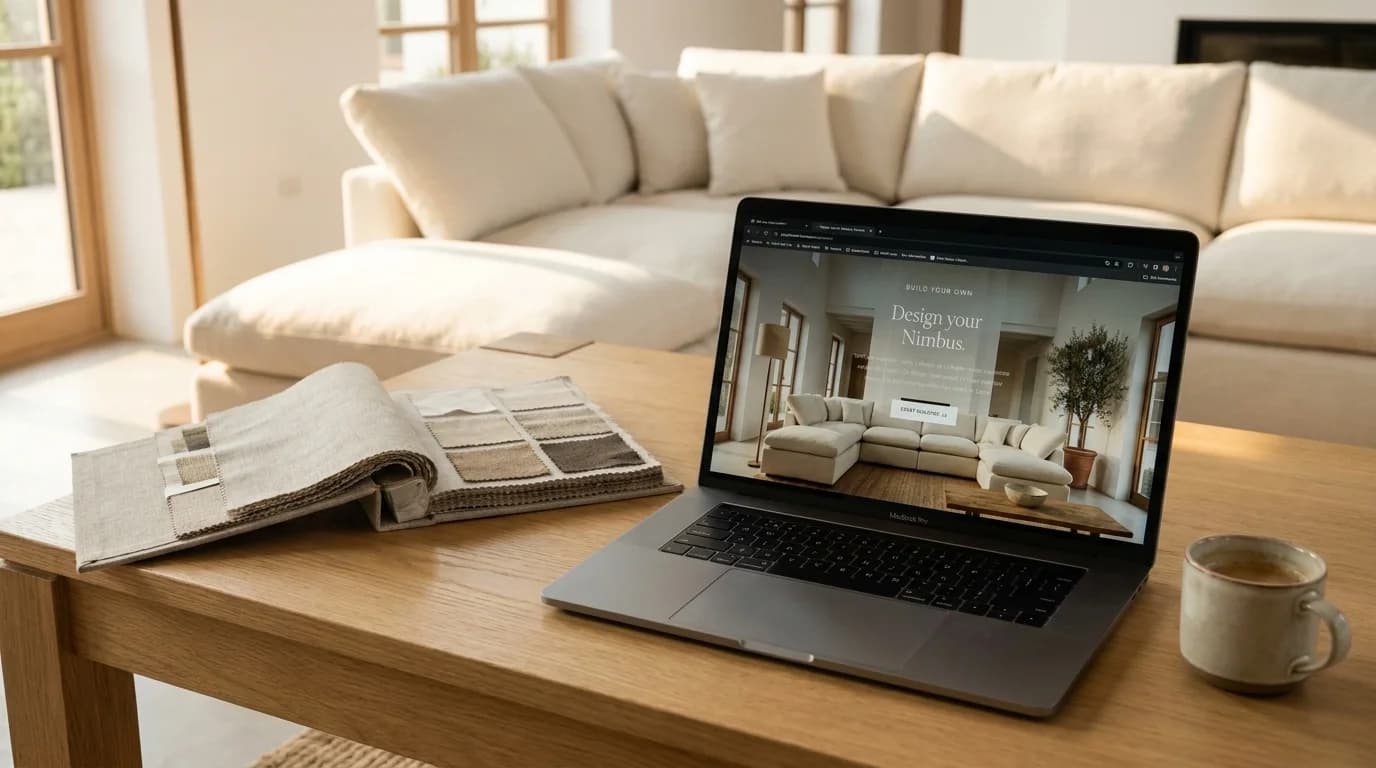 Modulaire bank in een lichte woonkamer met stofstalen op de voorgrond