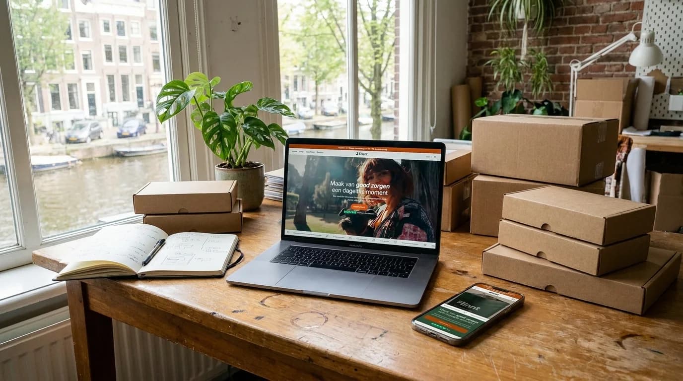 Werkplek met een laptop met een webshopontwerp, stofstalen en productverpakkingen